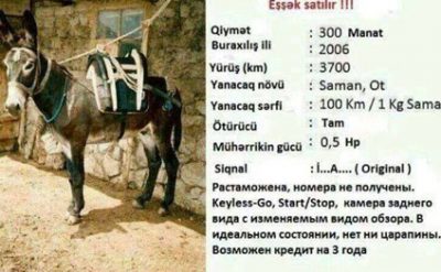 Maşın satışı saytında eşşek satılır