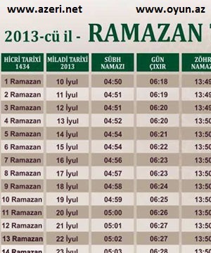 Ramazan Teqvimi - 2013